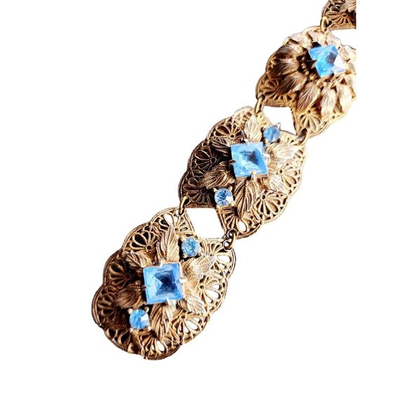 Vintage Czech Faceted Glass & Brass Filigree Bracelet (A4270) - Picture 4 of 9